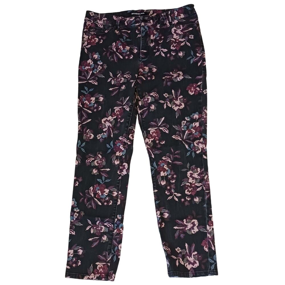 Bandlino Amy Sz 12 Stretch Jeans Straight Leg Jeans Black/Pink Floral Pattern